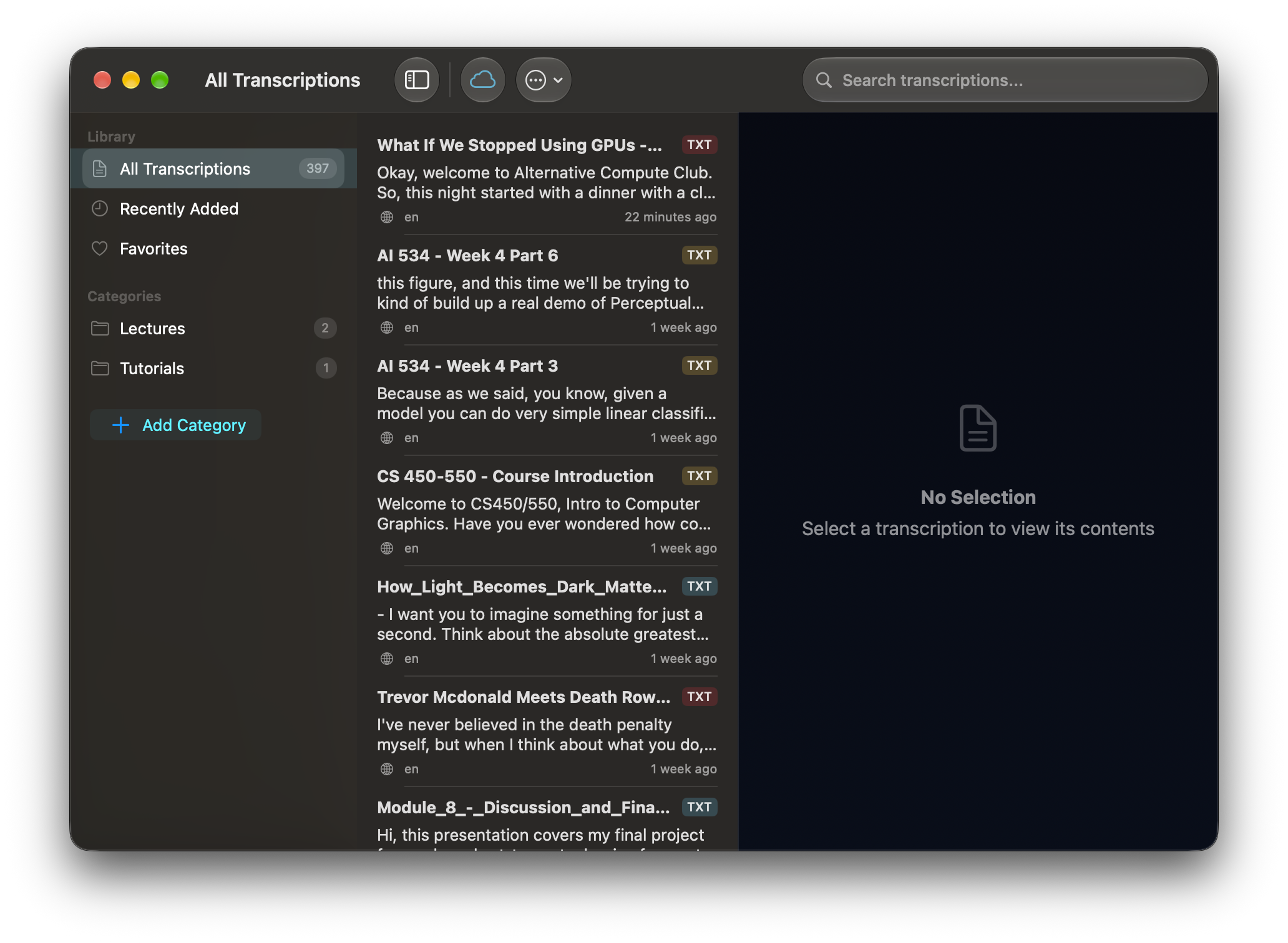 Scriber Pro library: all transcriptions with categories, favorites and search